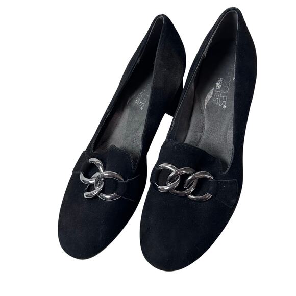 Womans Aerosoles heelrest rockstar black suede silver chain heels size 6.5 - Picture 2 of 6